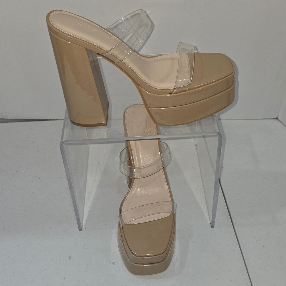 Forever 21 Tan Patent Platform Block Heel Sandals Clear Straps Size 8 00476158